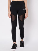 Waylene Black Sports Leggings Front View with Sheer Mesh Design